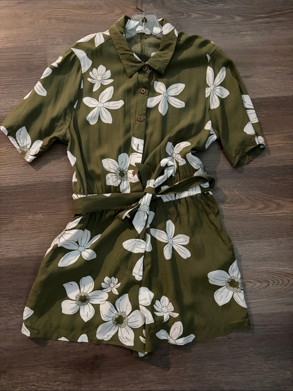 Roxy Olive Green Floral Short Sleeve Romper with White Flowers